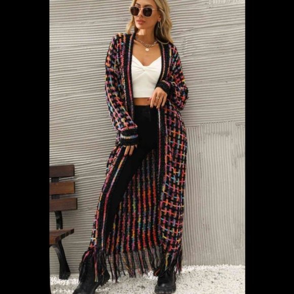 Multicolored Open Front Fringe Hem Cardigan - Picture 5 of 5